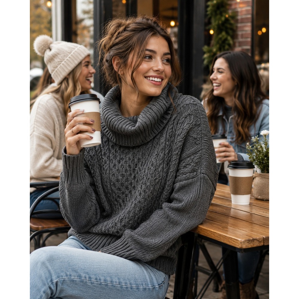 American Eagle Womens S Gray Cable Knit Cowl Neck Sweater Chunky Cozy